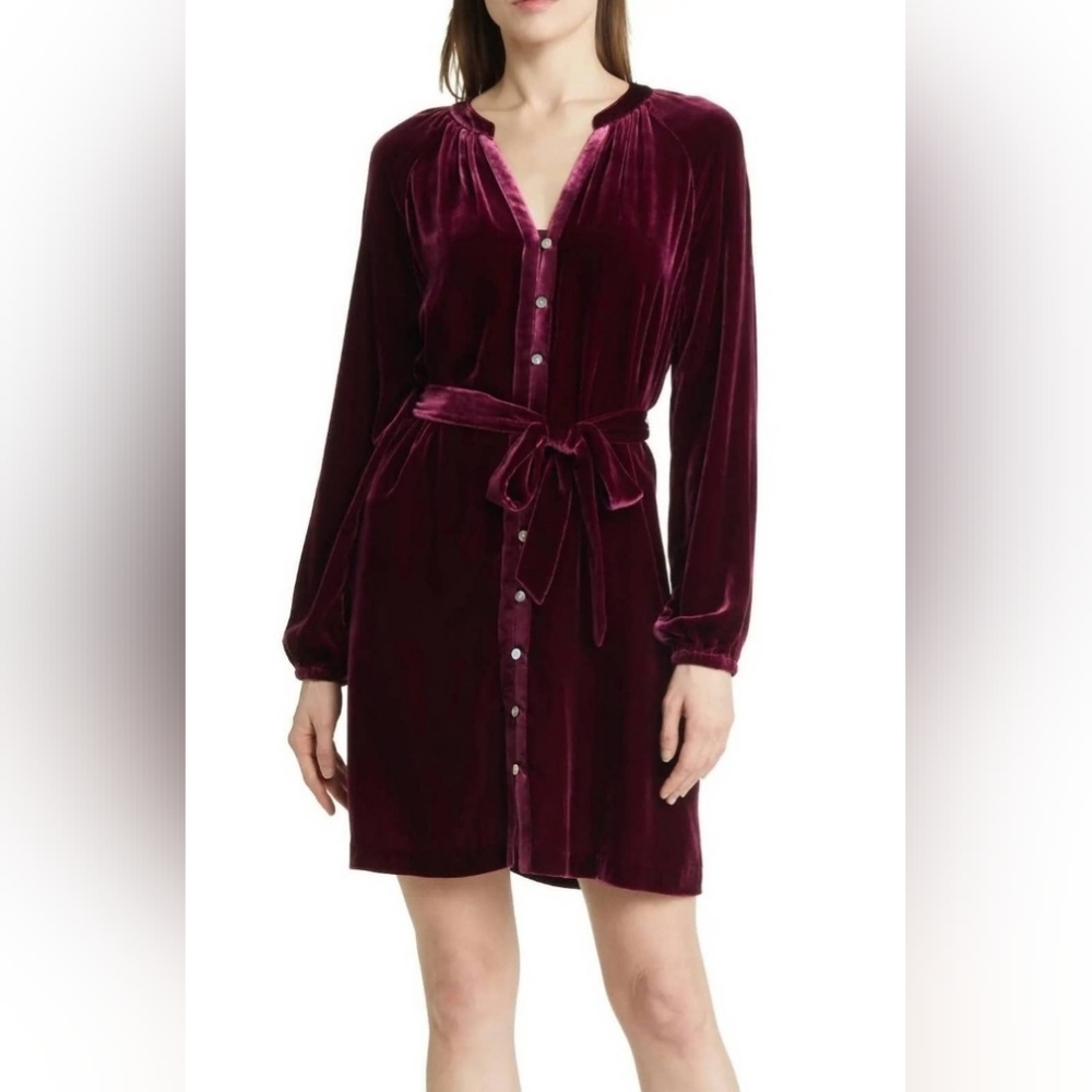 Faherty Naomi Silk-blend Velvet Long Sleeve Minidress, Maroon